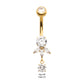 24Kt Gold PVD Titanium Internally Threaded Triple Marquise Gem Fan with Floating Round Gem Dangle Navel