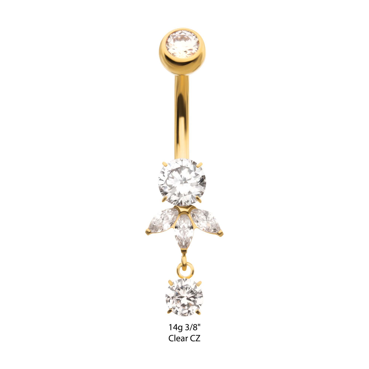 24Kt Gold PVD Titanium Internally Threaded Triple Marquise Gem Fan with Floating Round Gem Dangle Navel