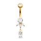 24Kt Gold PVD Titanium Internally Threaded Prong Set Round and Triple Marquise Fan Navel with Gem Dangle