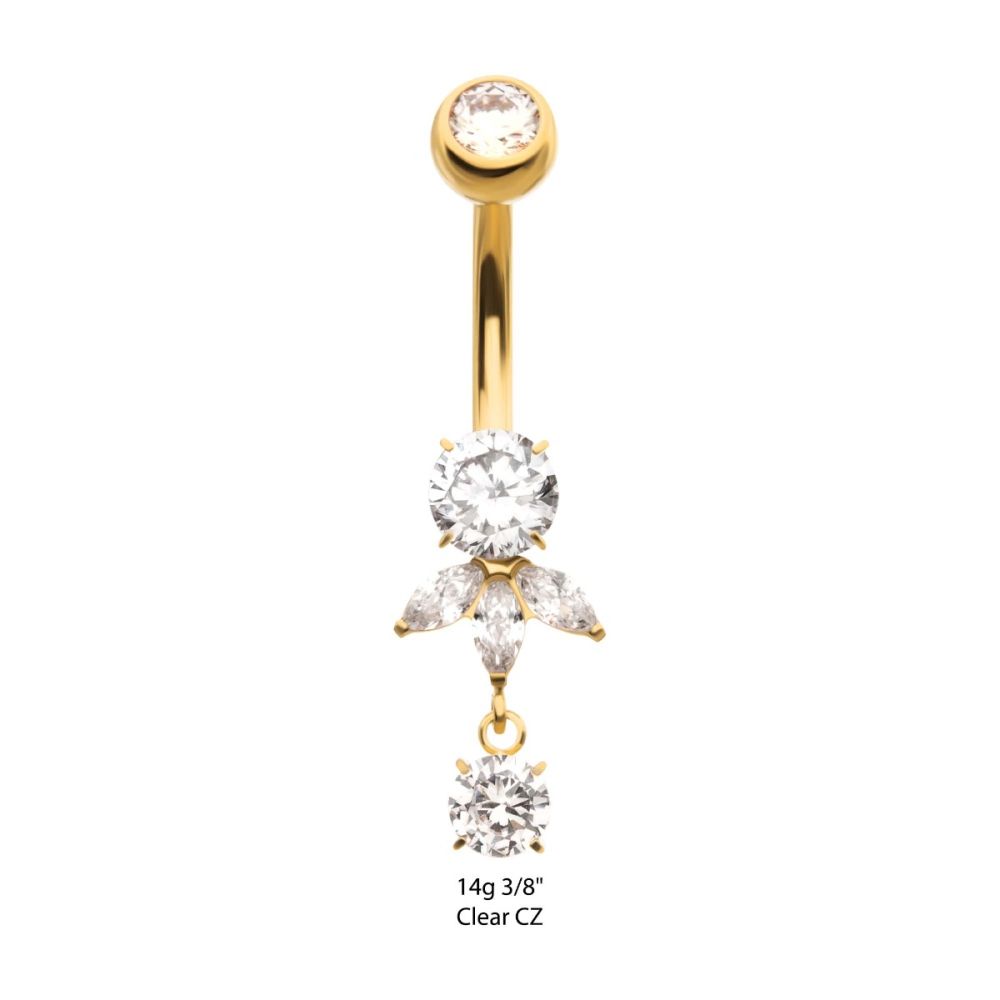 24Kt Gold PVD Titanium Internally Threaded Prong Set Round and Triple Marquise Fan Navel with Gem Dangle
