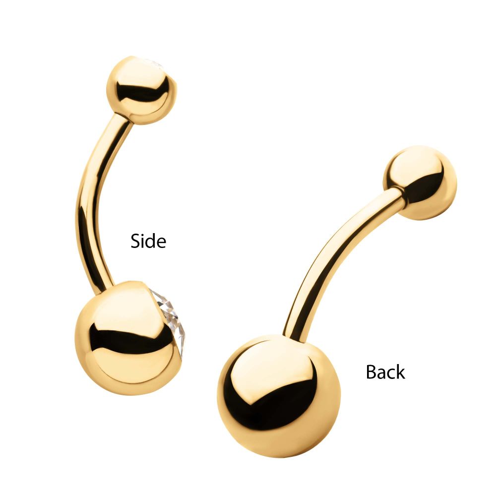 24Kt Gold PVD Titanium Internally Threaded Double Bezel Set Swarovski Crystal Fixed Bottom Navel
