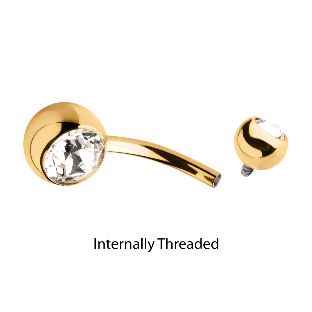 24Kt Gold PVD Titanium Internally Threaded Double Bezel Set Swarovski Crystal Fixed Bottom Navel