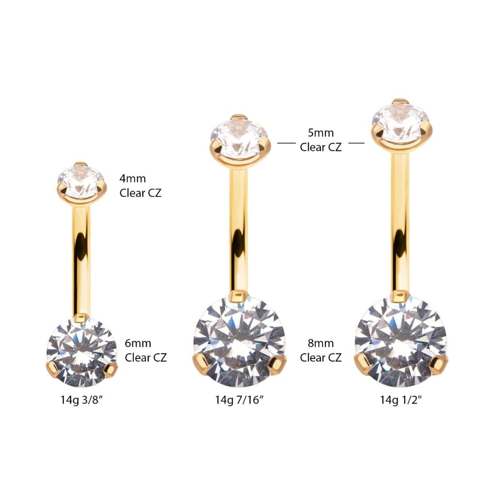 24KT Gold PVD Titanium Internally Threaded Double Prong Set Clear CZ Fixed Bottom Navel