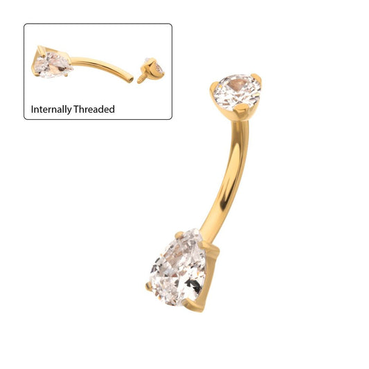 24Kt Gold PVD Titanium Internally Threaded Double Gem with Prong Set Teardrop Fixed Bottom Navel