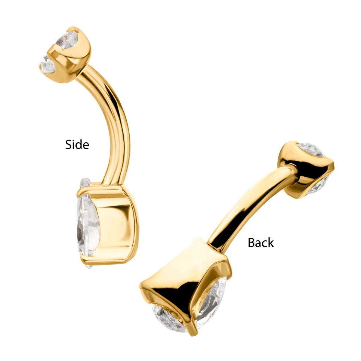 24Kt Gold PVD Titanium Internally Threaded Double Teardrop with 4-Prong Bottom Gem Fixed Bottom Navel