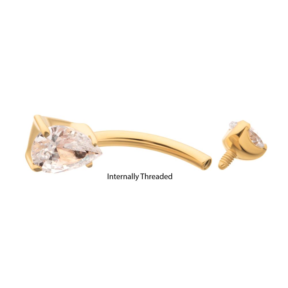 24Kt Gold PVD Titanium Internally Threaded Double Gem with Prong Set Teardrop Fixed Bottom Navel