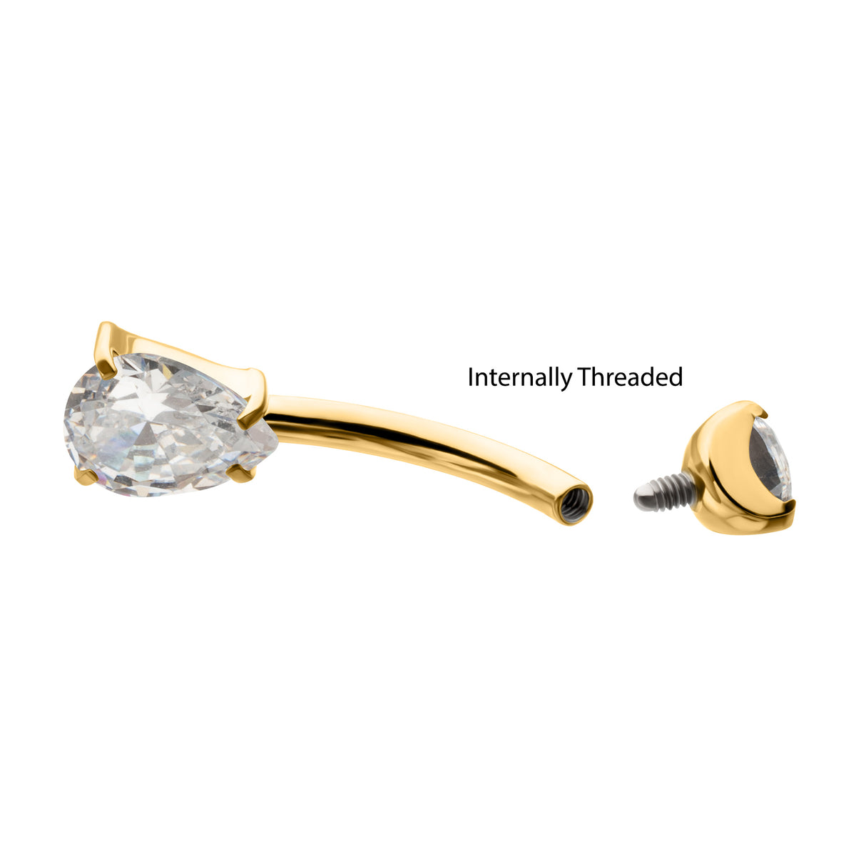 24Kt Gold PVD Titanium Internally Threaded Double Teardrop with 4-Prong Bottom Gem Fixed Bottom Navel
