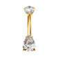 24Kt Gold PVD Titanium Internally Threaded Double Teardrop with 4-Prong Bottom Gem Fixed Bottom Navel