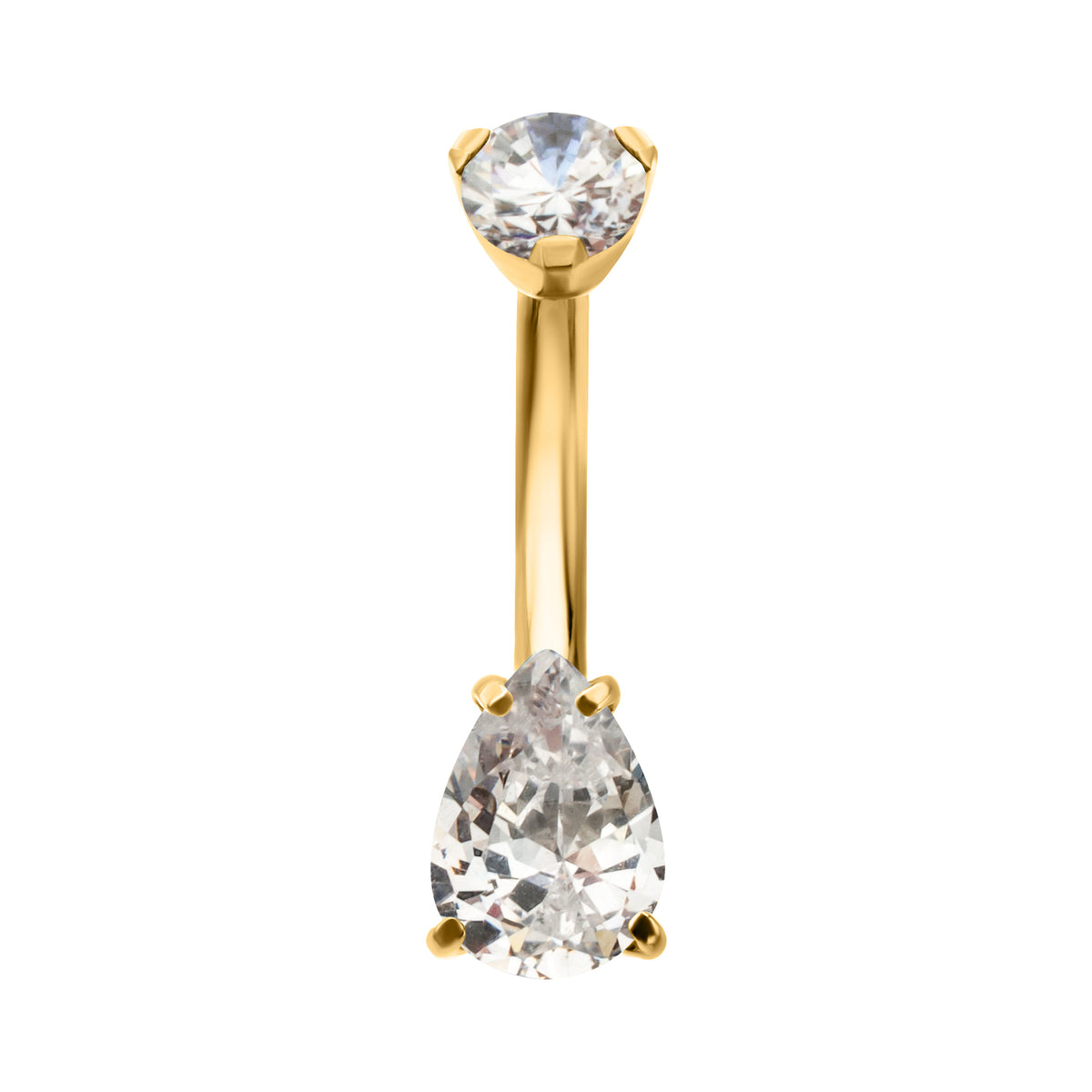 24Kt Gold PVD Titanium Internally Threaded Double Teardrop with 4-Prong Bottom Gem Fixed Bottom Navel