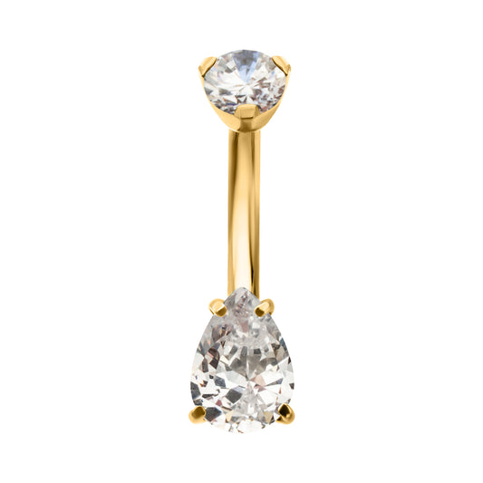 24Kt Gold PVD Titanium Internally Threaded Double Teardrop with 4-Prong Bottom Gem Fixed Bottom Navel