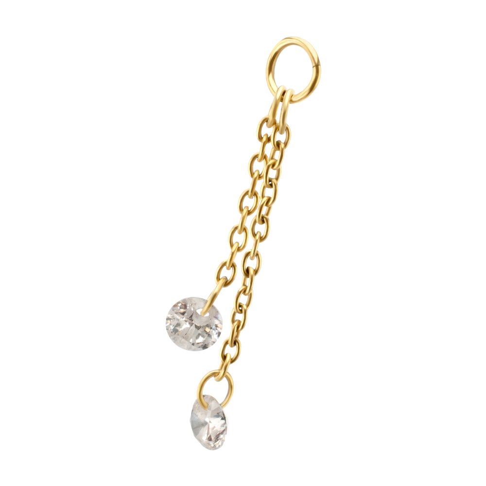 24Kt Gold PVD Titanium Floating CZ Double Round Gem Chain Dangle