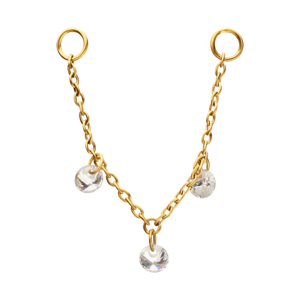 24Kt Gold PVD Titanium Triple Round Floating CZ Gem Rolo Chain Dangle