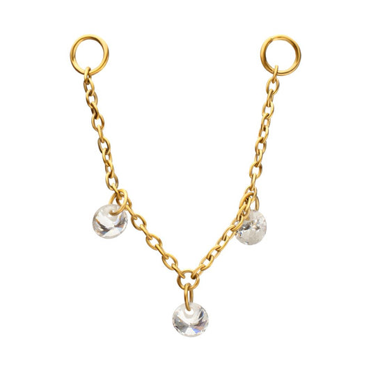 24Kt Gold PVD Titanium Triple Round Floating CZ Gem Rolo Chain Dangle