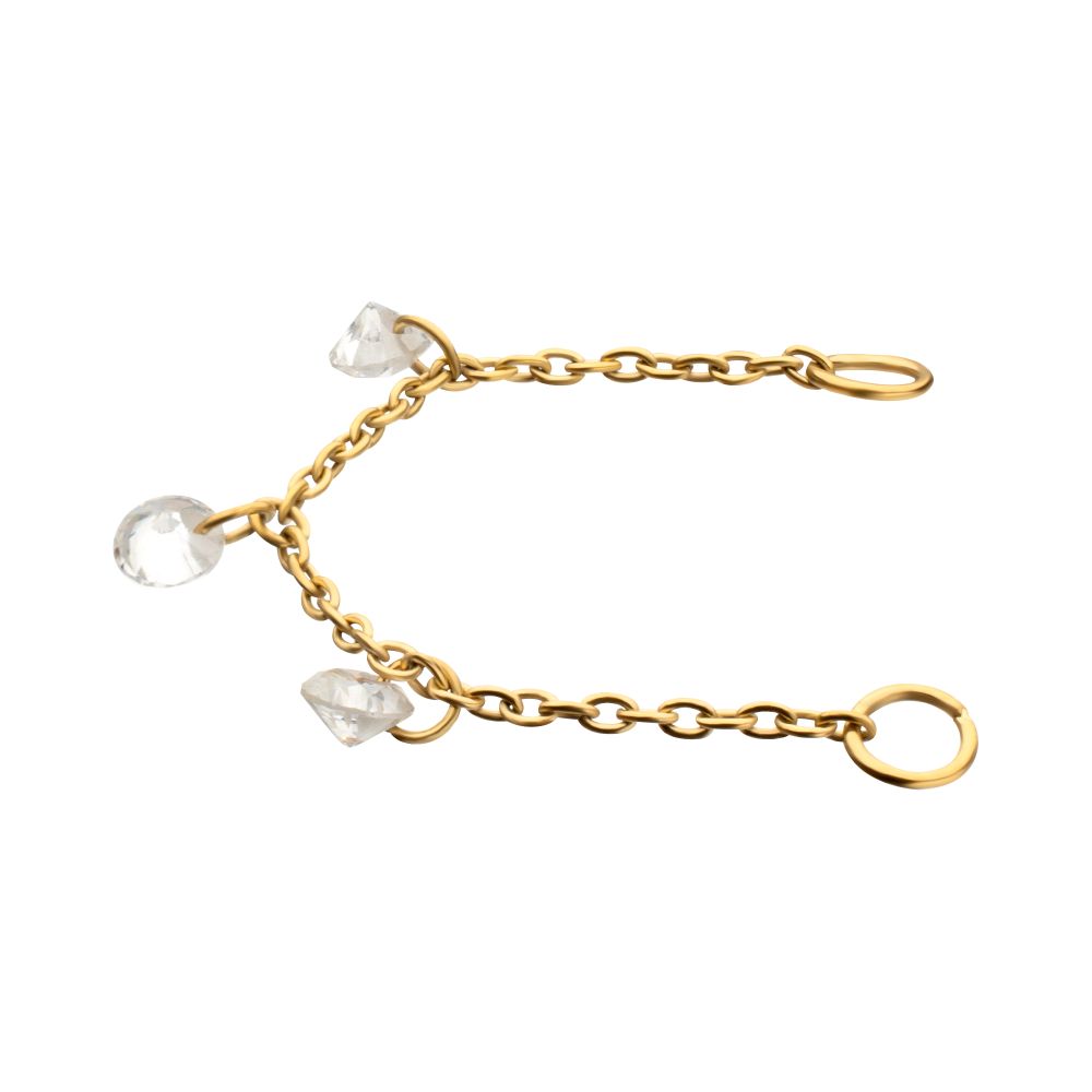 24Kt Gold PVD Titanium Triple Round Floating CZ Gem Rolo Chain Dangle