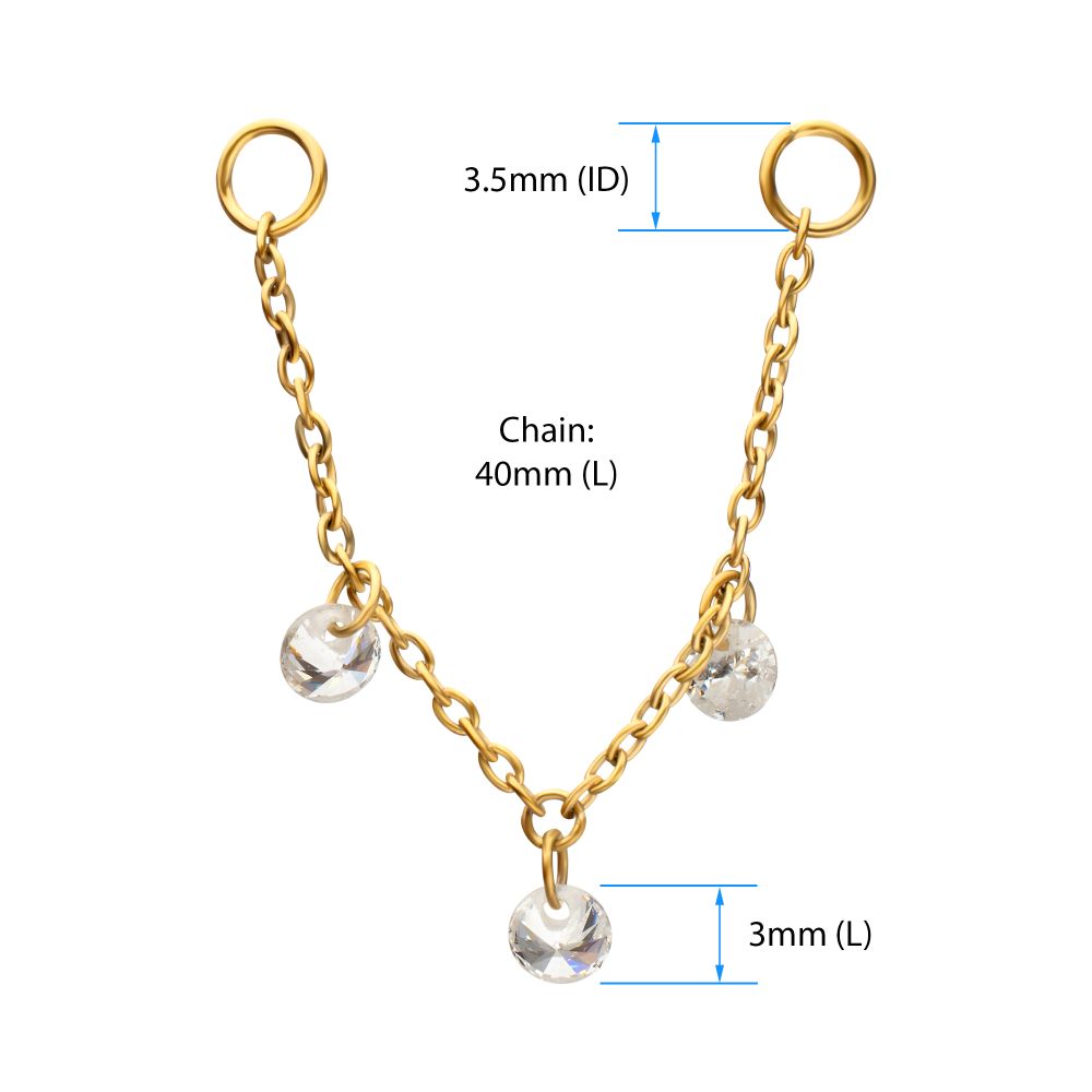 24Kt Gold PVD Titanium Triple Round Floating CZ Gem Rolo Chain Dangle