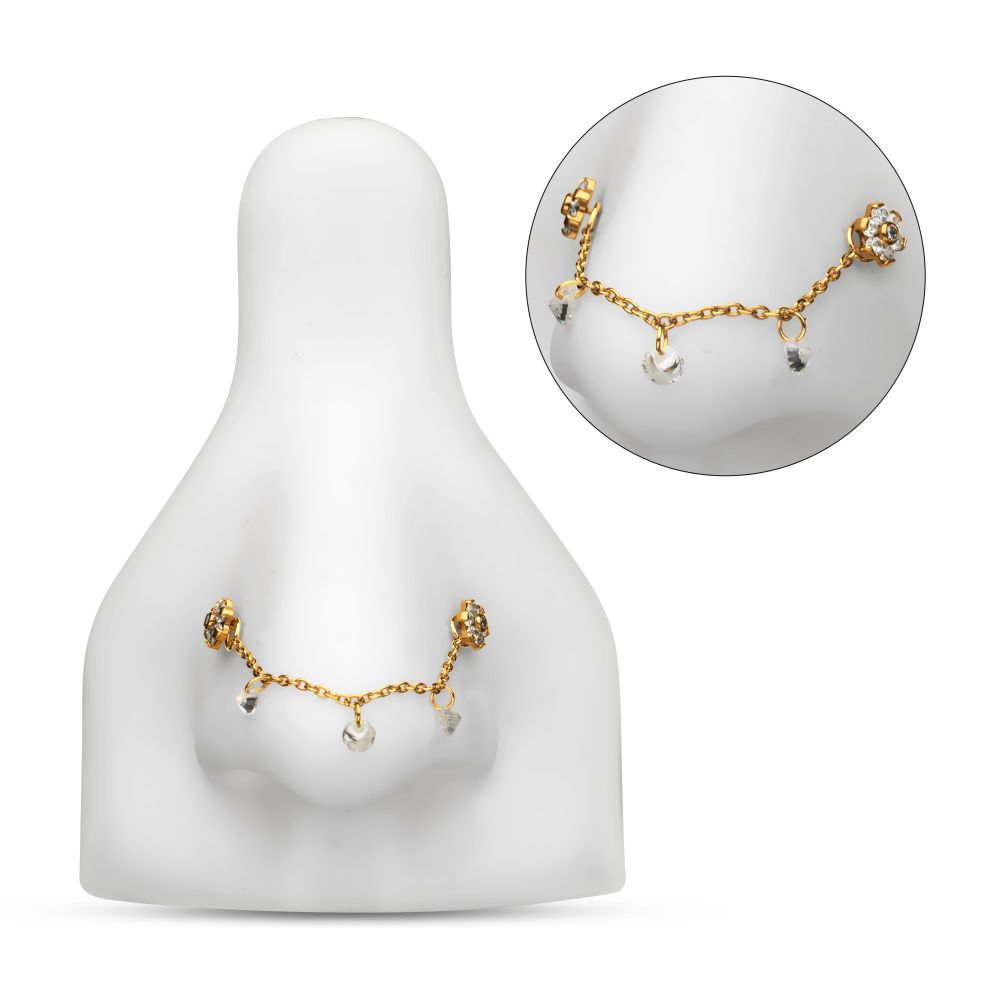 24Kt Gold PVD Titanium Triple Round Floating CZ Gem Rolo Chain Dangle