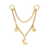 24Kt Gold PVD Titanium Double Star & Crescent Moon 2-Tier Rolo Chain Dangle