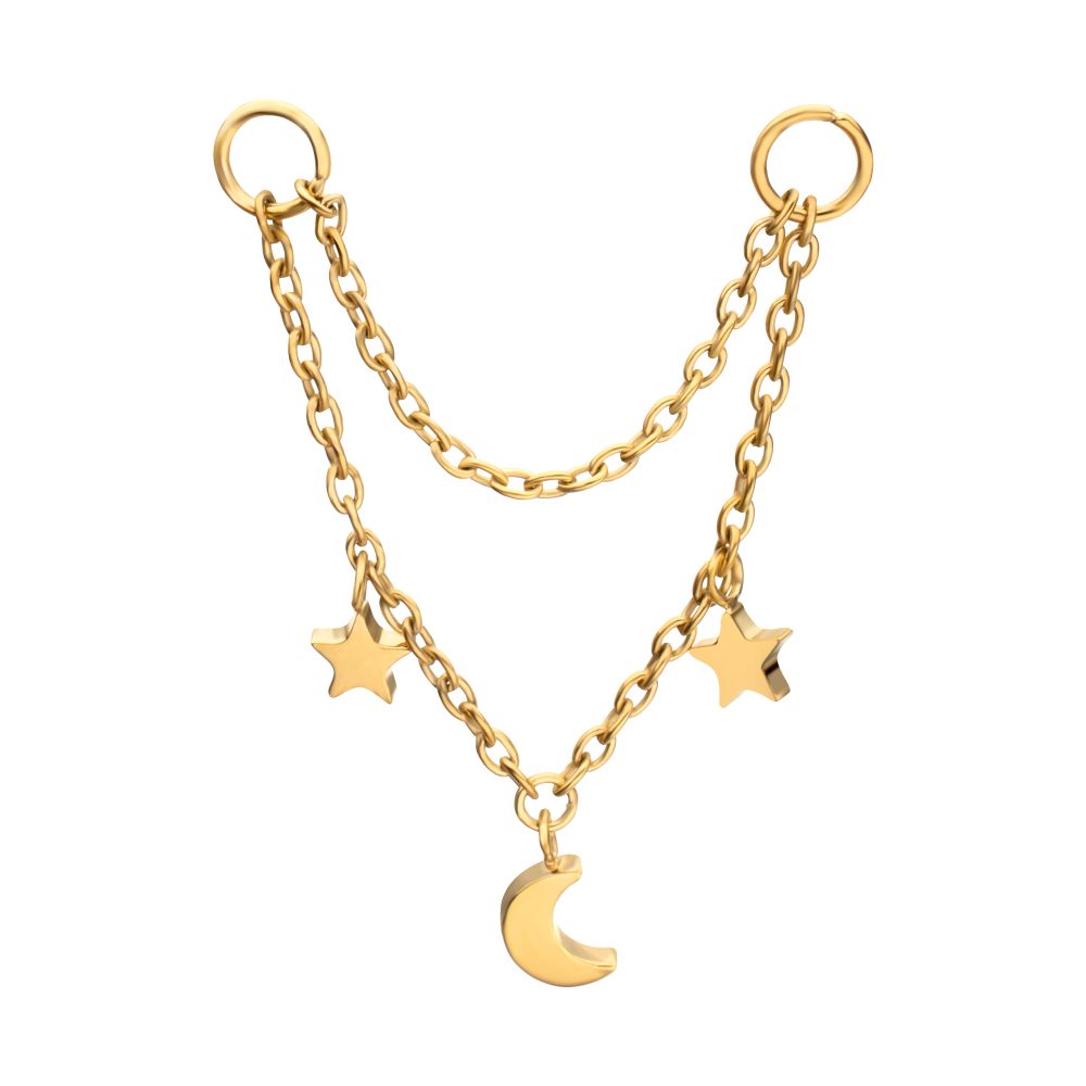 24Kt Gold PVD Titanium Double Star & Crescent Moon 2-Tier Rolo Chain Dangle