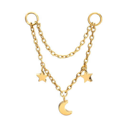 24Kt Gold PVD Titanium Double Star & Crescent Moon 2-Tier Rolo Chain Dangle