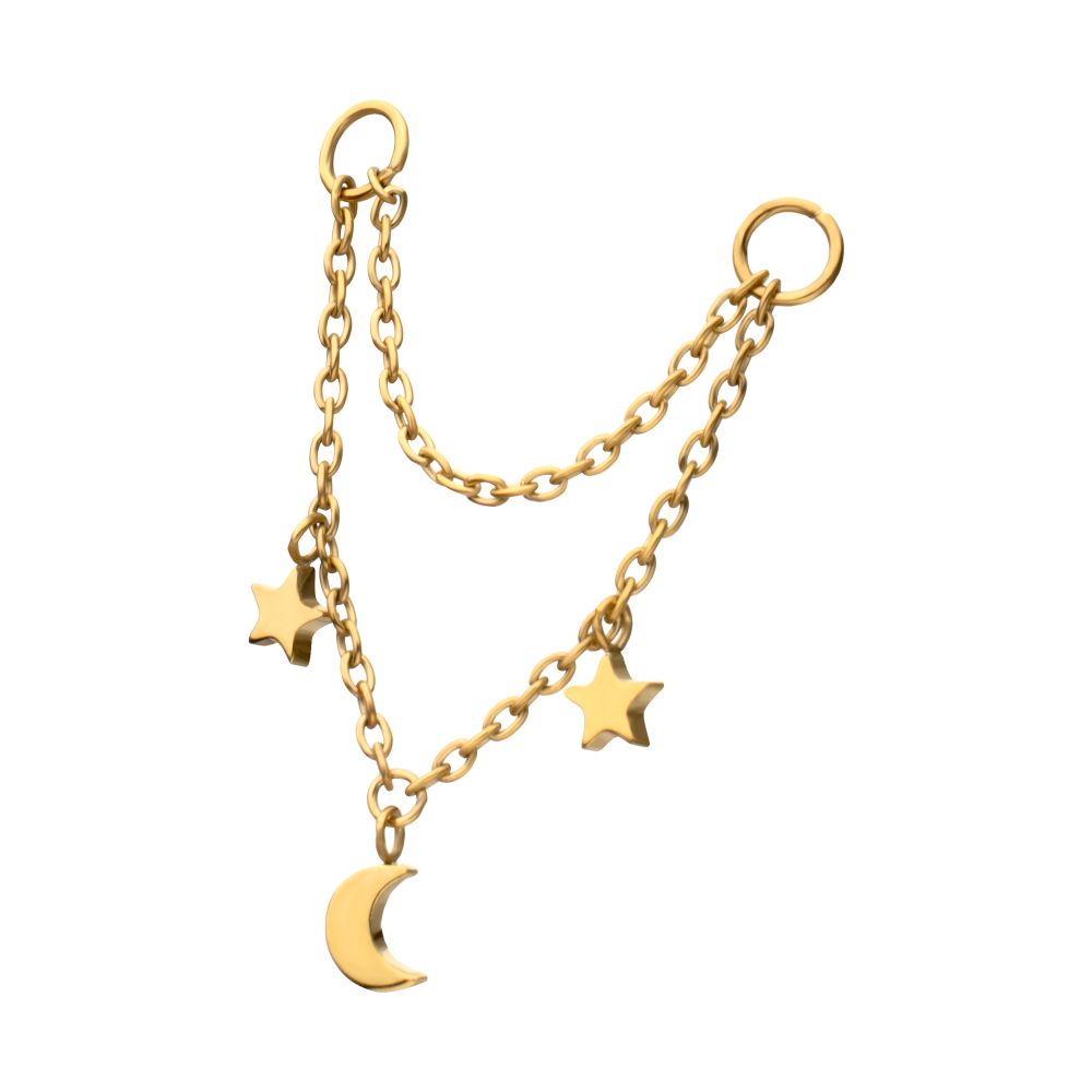 24Kt Gold PVD Titanium Double Star & Crescent Moon 2-Tier Rolo Chain Dangle
