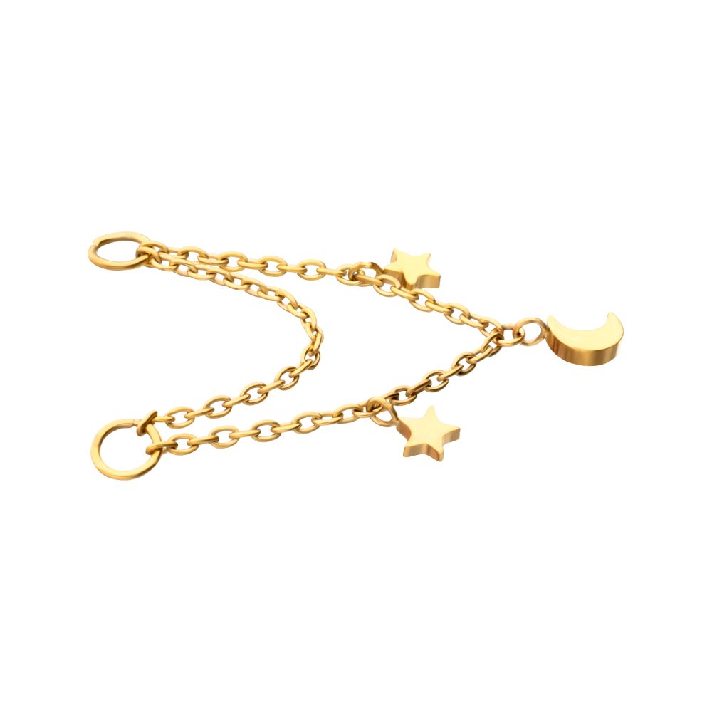 24Kt Gold PVD Titanium Double Star & Crescent Moon 2-Tier Rolo Chain Dangle
