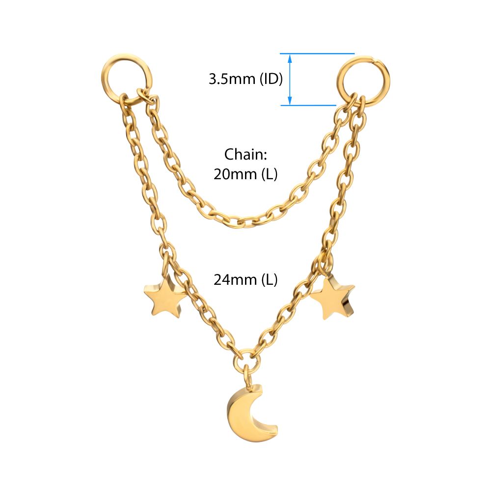 24Kt Gold PVD Titanium Double Star & Crescent Moon 2-Tier Rolo Chain Dangle