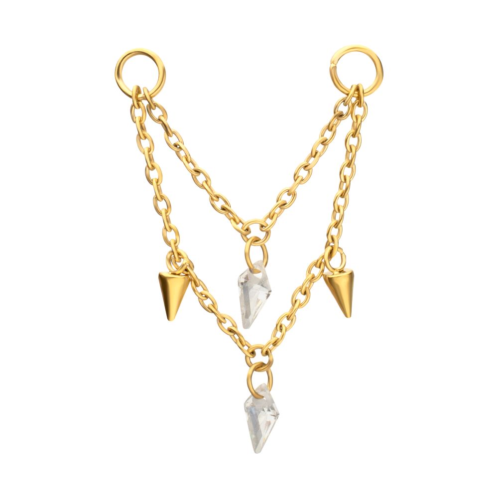 24Kt Gold PVD Titanium Double Spike & Kite Gem 2-Tier Chain Dangle
