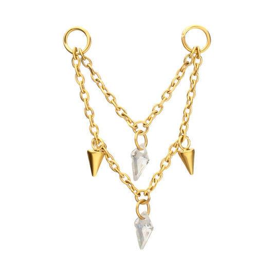 24Kt Gold PVD Titanium Double Spike & Kite Gem 2-Tier Chain Dangle