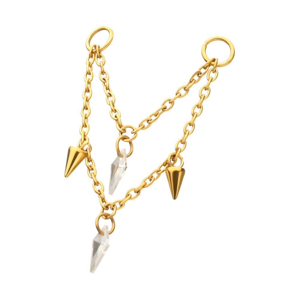 24Kt Gold PVD Titanium Double Spike & Kite Gem 2-Tier Chain Dangle