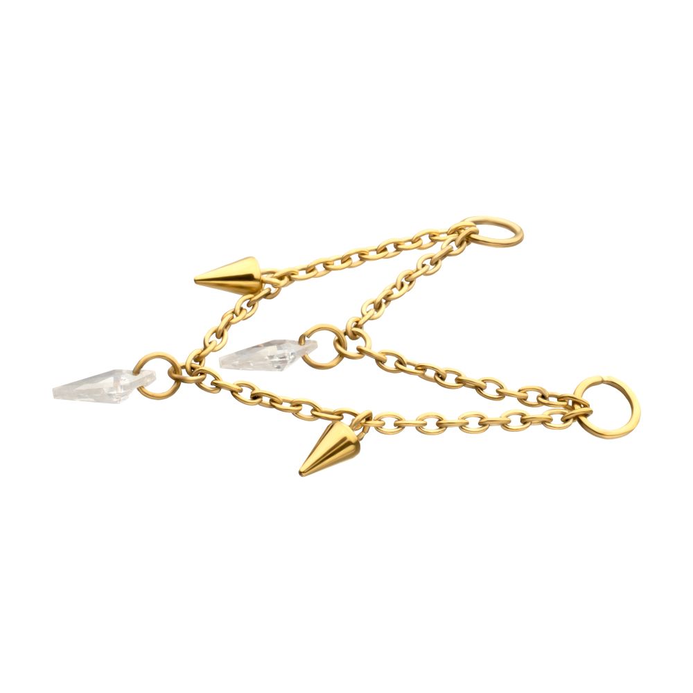 24Kt Gold PVD Titanium Double Spike & Kite Gem 2-Tier Chain Dangle