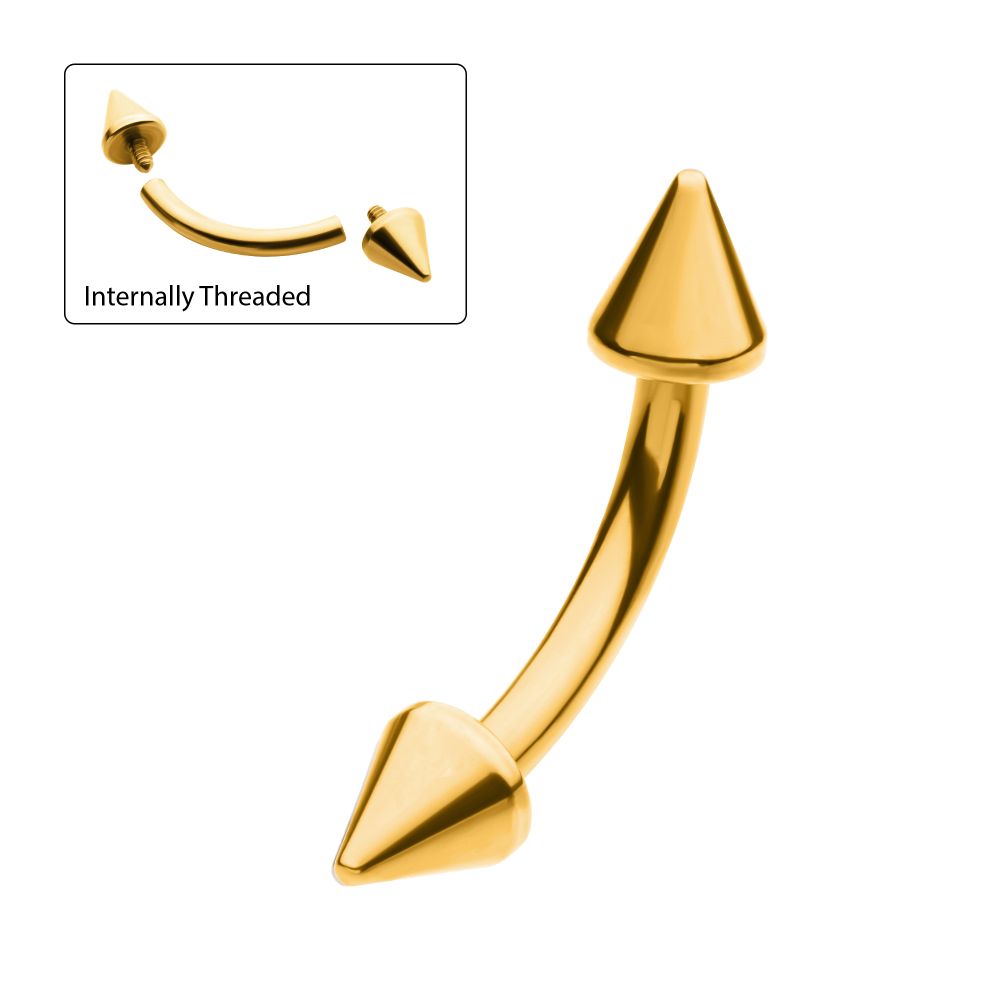 24KT Gold PVD Titanium Internally Threaded Spike End Curved Barbell