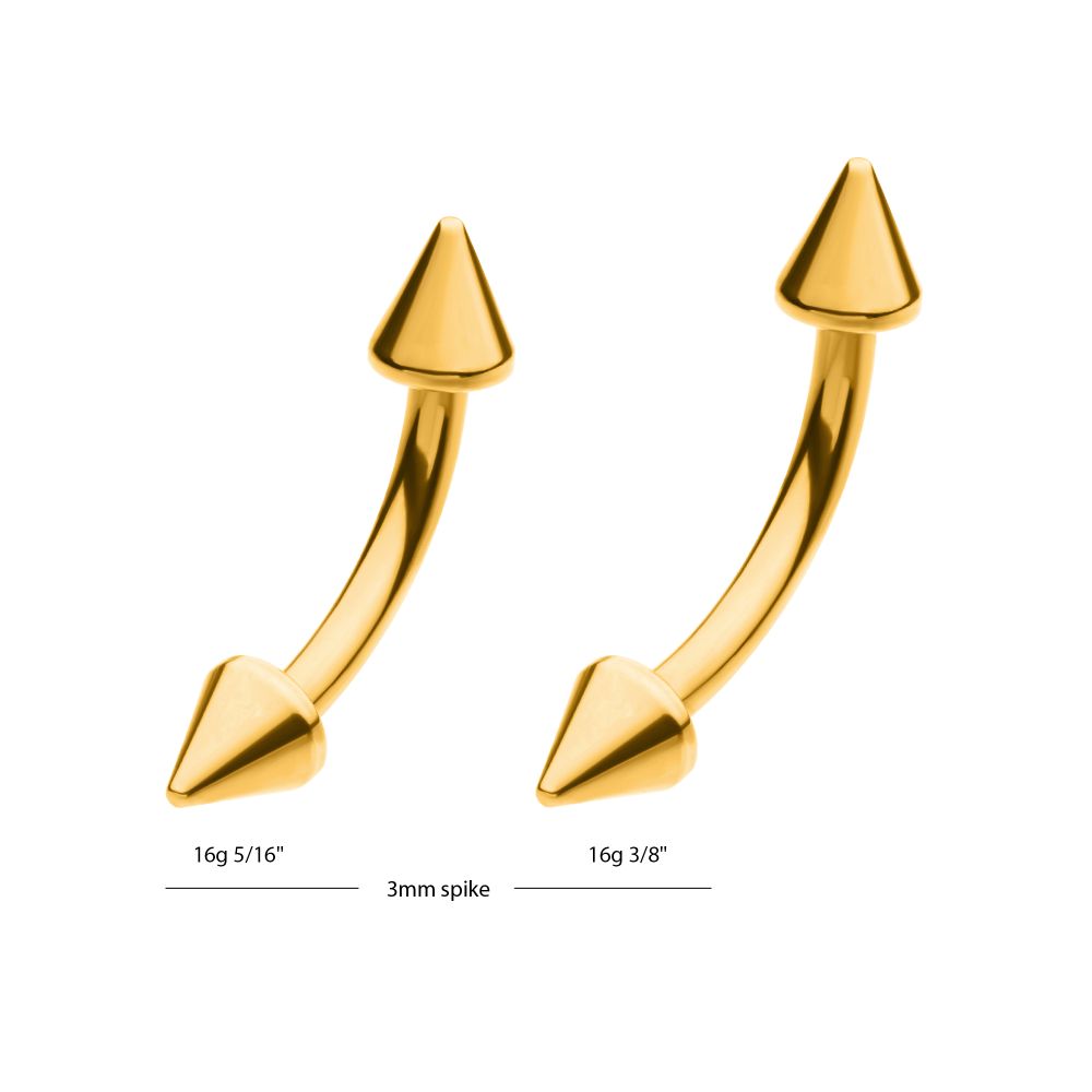 24KT Gold PVD Titanium Internally Threaded Spike End Curved Barbell