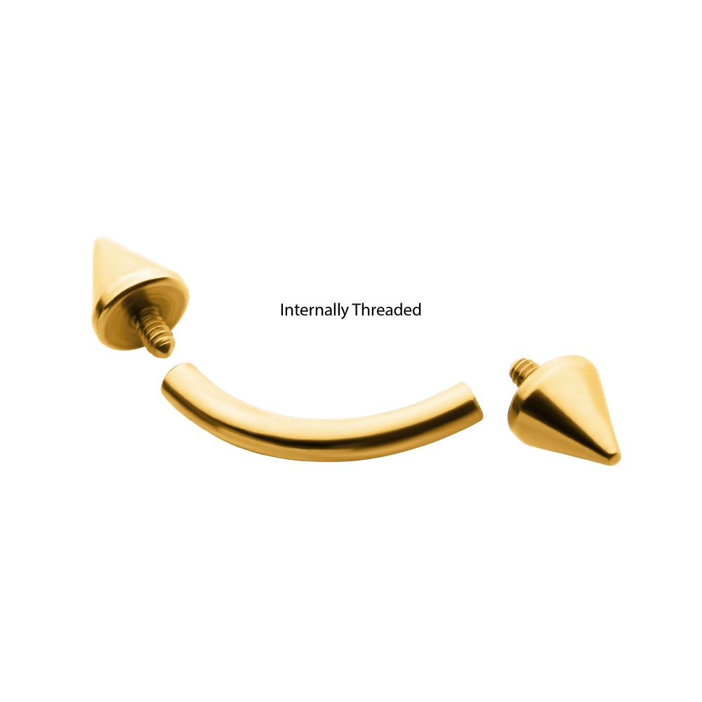 24KT Gold PVD Titanium Internally Threaded Spike End Curved Barbell