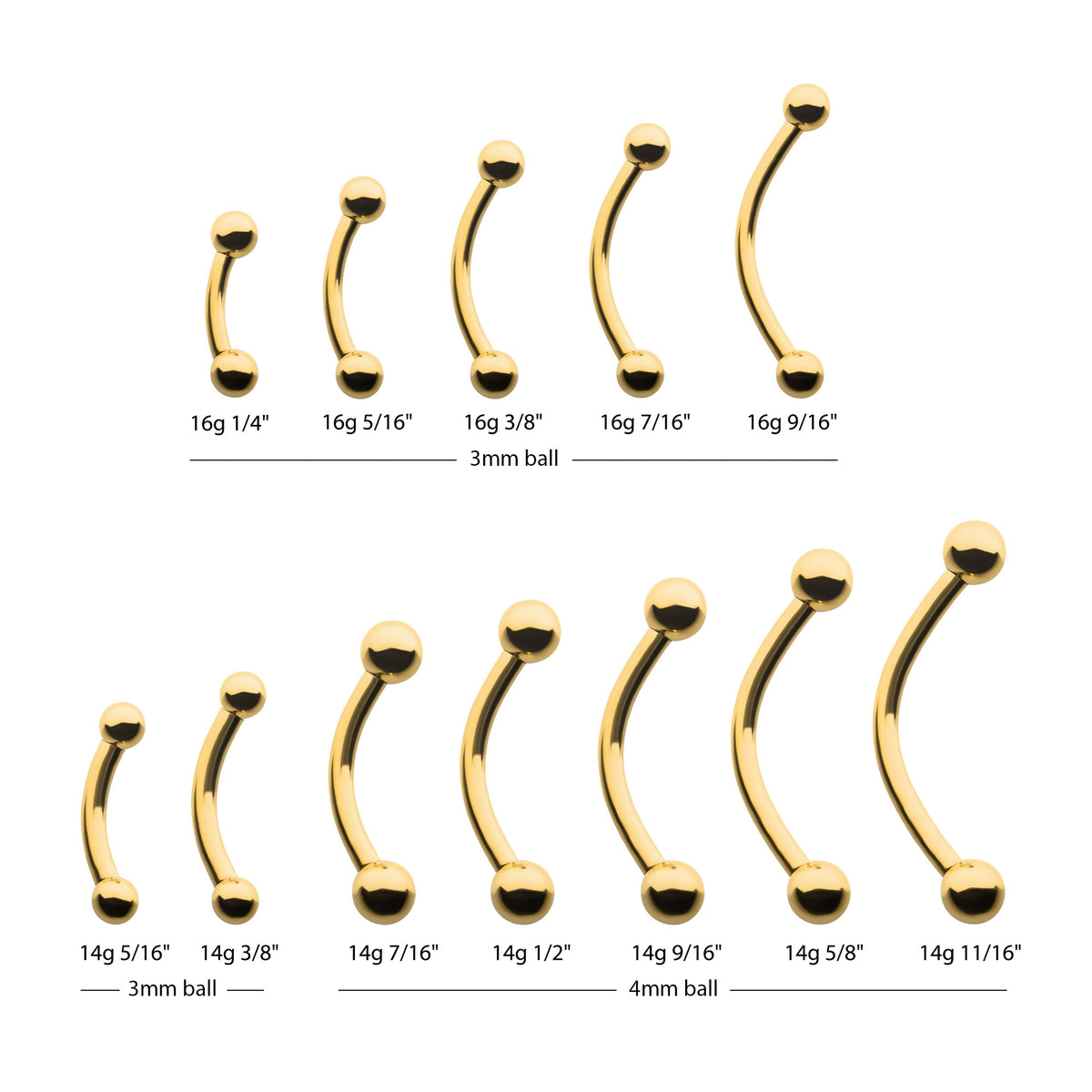 24KT Gold PVD Titanium Internally Threaded Curved Barbell