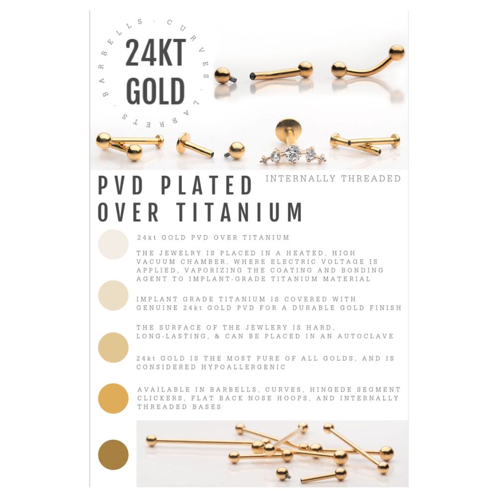 24KT Gold PVD Titanium Internally Threaded Labret with 2.5mm Flat Base and 3mm Ball