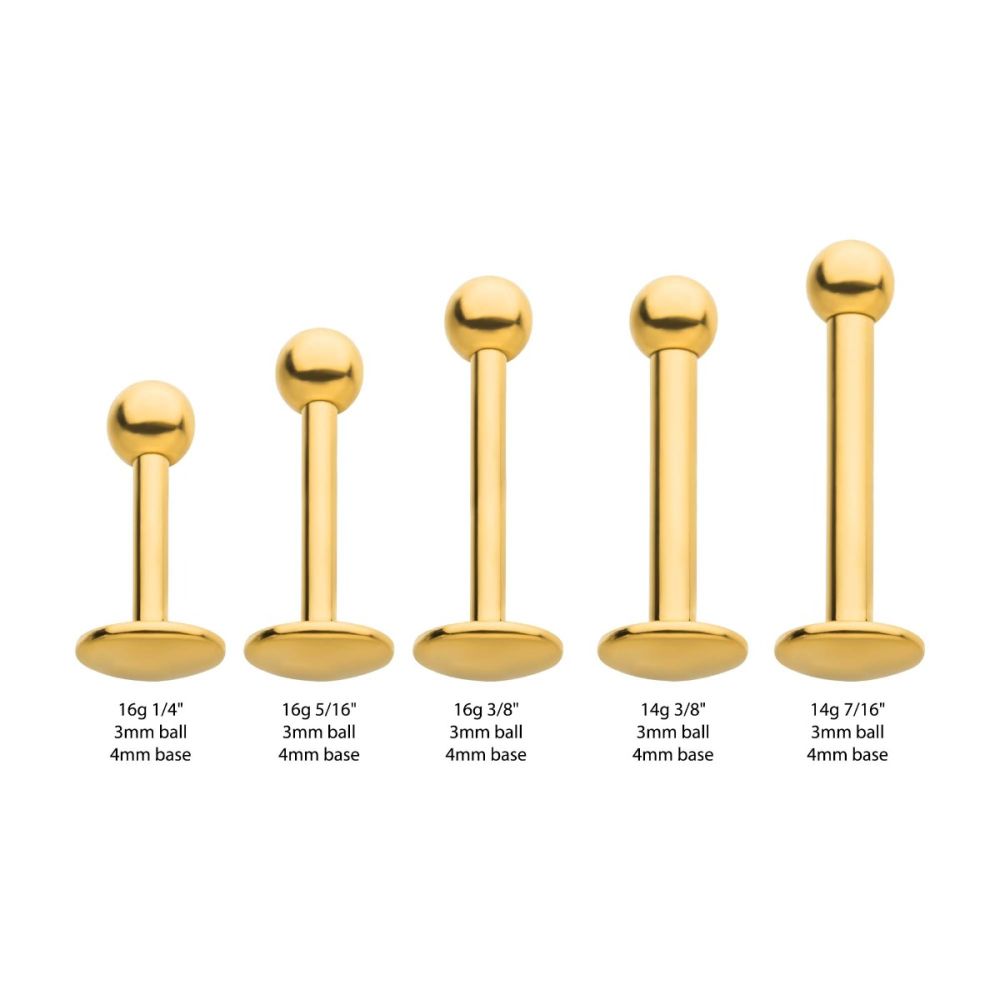 24KT Gold PVD Titanium Internally Threaded Labret with 4mm Base and 3mm Ball