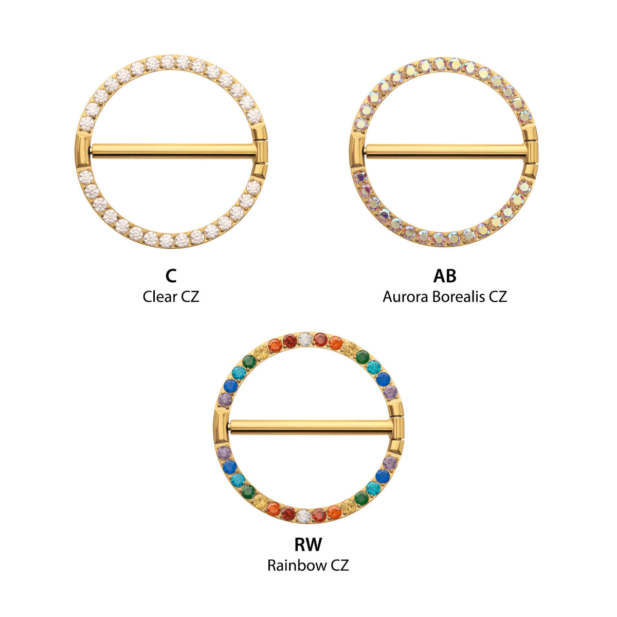 24Kt Gold PVD Titanium CNC Set Gem Nipple Ring Clicker | Sold by piece