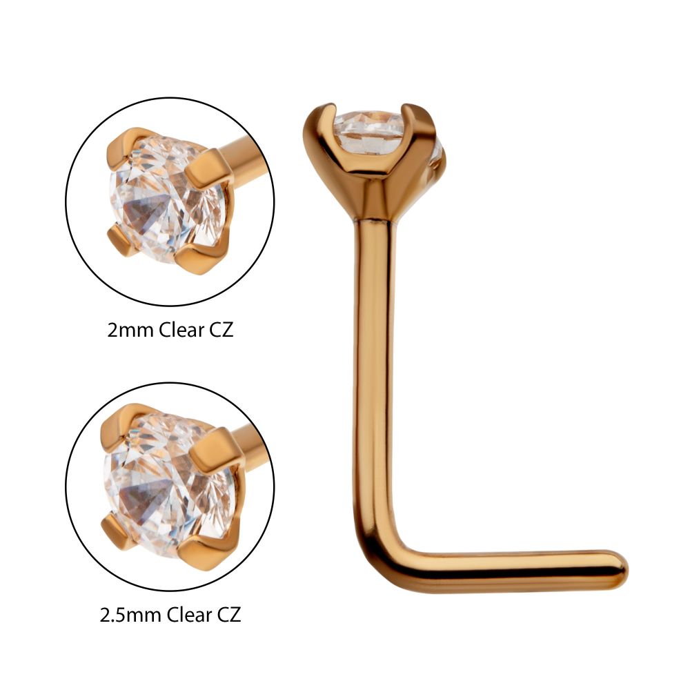 24KT Gold PVD Titanium with 4-Prong Set CZ L-Shape Nose Pin