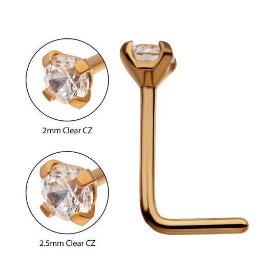 24KT Gold PVD Titanium with 4-Prong Set CZ L-Shape Nose Pin