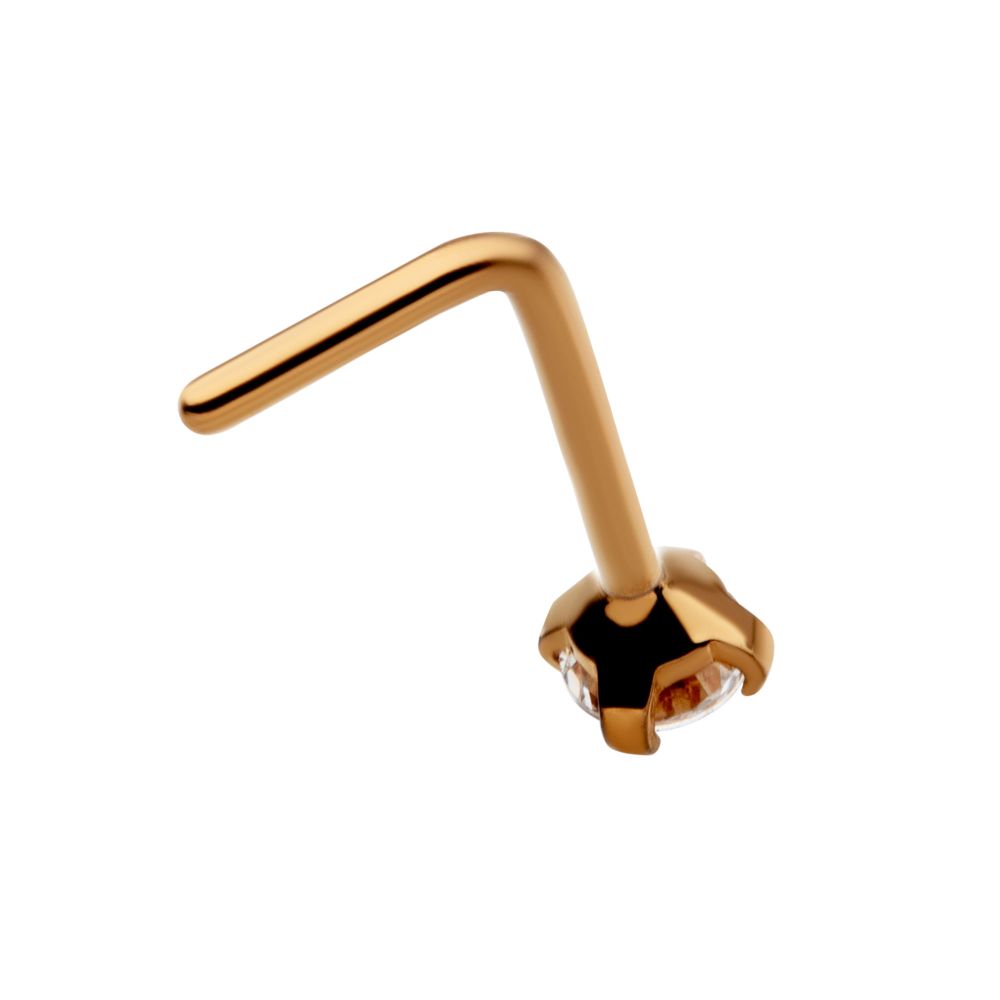 24KT Gold PVD Titanium with 4-Prong Set CZ L-Shape Nose Pin