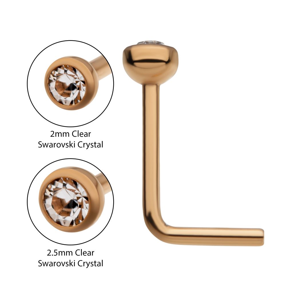 24KT Gold PVD Titanium with Bezel Set Swarovski Crystal L-Shape Nose Pin
