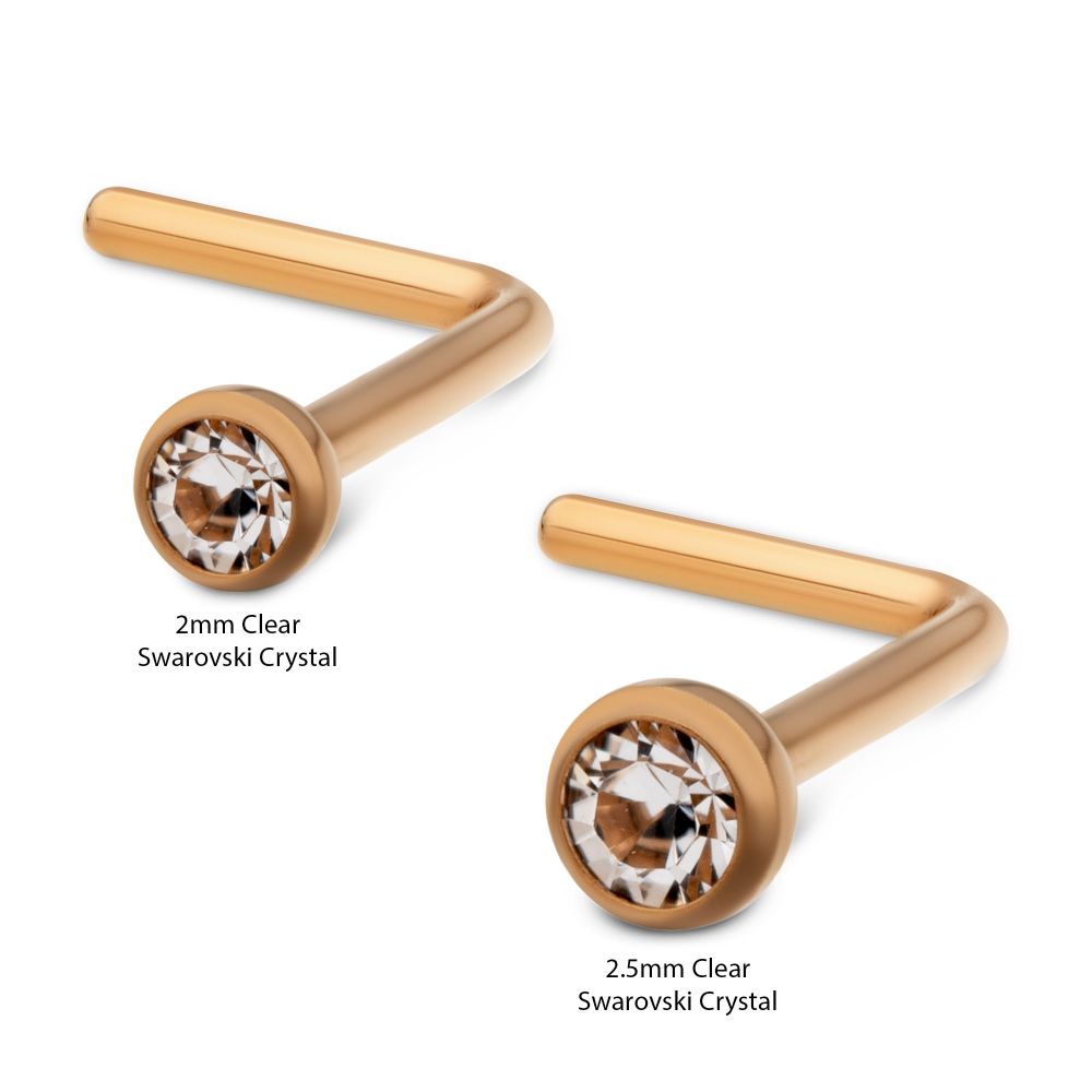 24KT Gold PVD Titanium with Bezel Set Swarovski Crystal L-Shape Nose Pin
