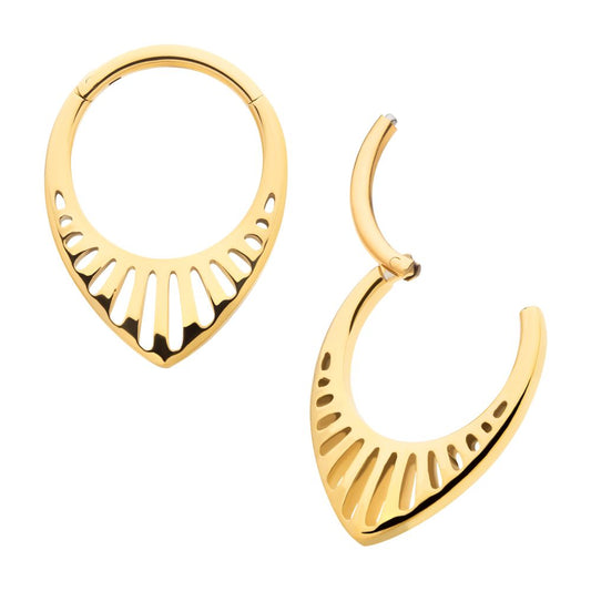 24Kt Gold PVD Titanium Linear Outline Teardrop Shape Front Facing Hinged Segment Clicker