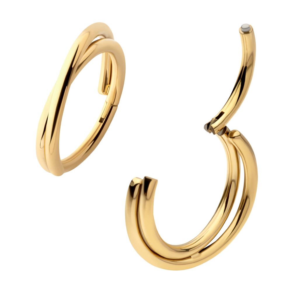 24Kt Gold PVD Titanium Double Hoop Side Facing Hinged Segment Clicker