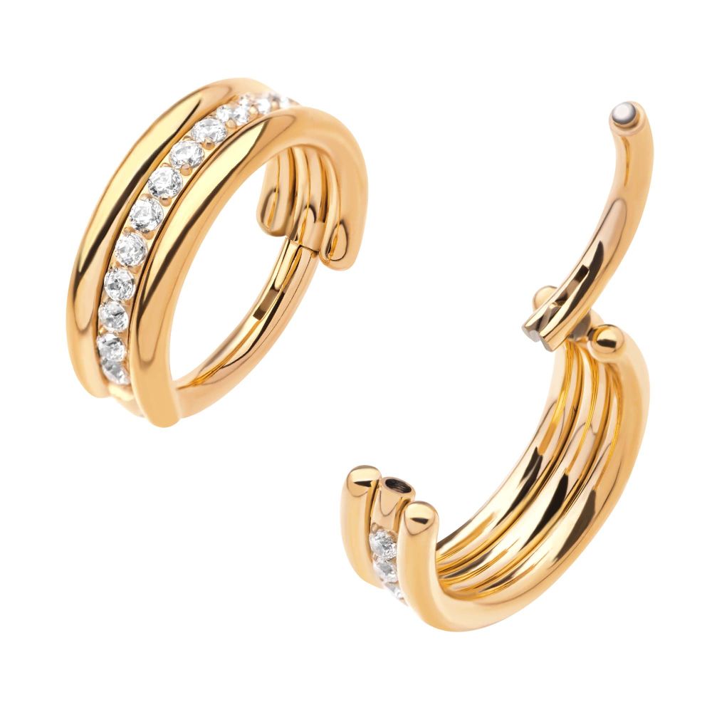 24Kt Gold PVD Titanium Triple Stacked with CNC Set CZ Center Line Side Facing Hinged Segment Clicker