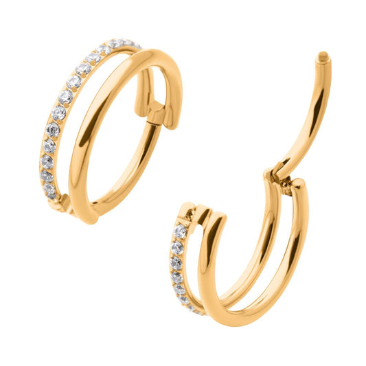 24Kt Gold PVD Titanium Side Facing Hinged Segment Clicker with Single Hoop Full Clear CNC Set Round CZ