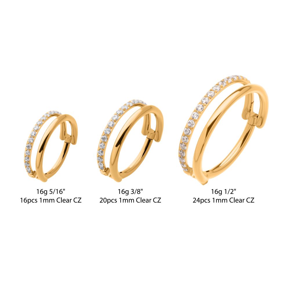 24Kt Gold PVD Titanium Side Facing Hinged Segment Clicker with Single Hoop Full Clear CNC Set Round CZ