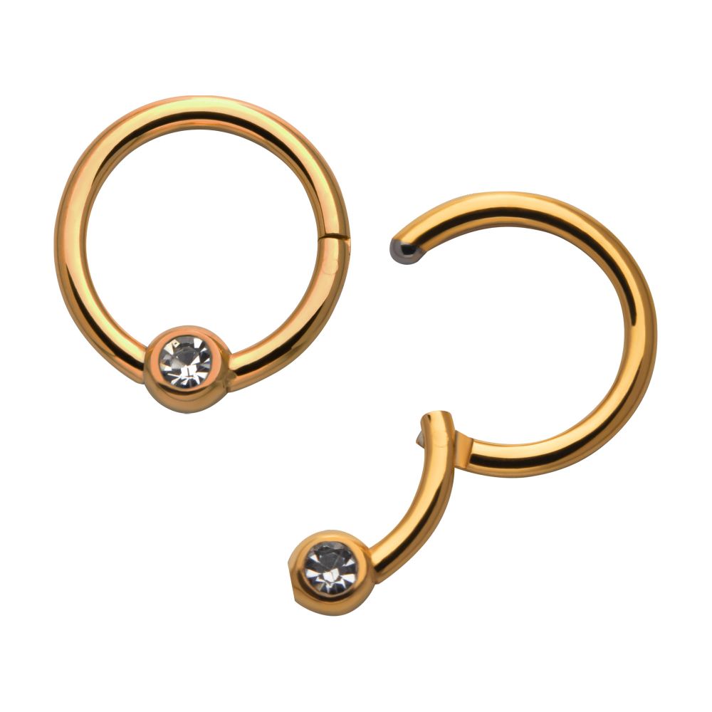 24KT Gold PVD Titanium Bezel Set Clear CZ Hinged Segment Ring