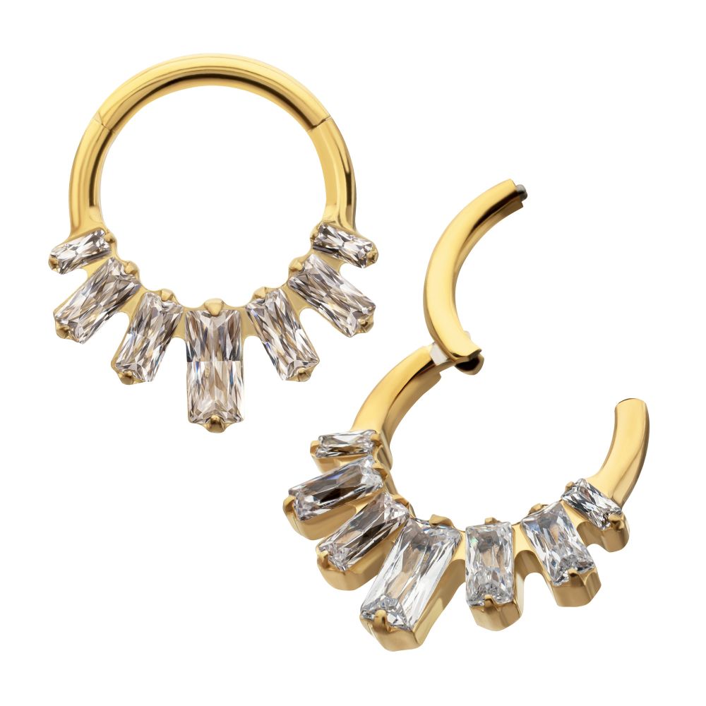 24Kt Gold PVD Titanium 7-Baguette Prong Set Gem Fan Front Facing Hinged Segment Clicker