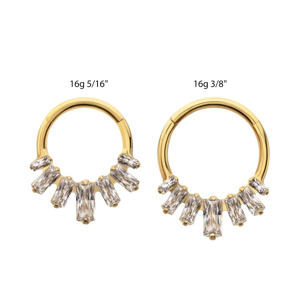 24Kt Gold PVD Titanium 7-Baguette Prong Set Gem Fan Front Facing Hinged Segment Clicker